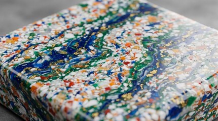 Obraz premium Macro close up of a polished colorful terrazzo texture block with blue resin swirls and gold flakes.