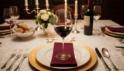 Fototapeta premium A beautifully set table with wine and fine dining utensils for a special occasion