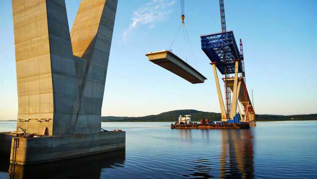 Bridge pier and construction crane lifting concrete segment over water