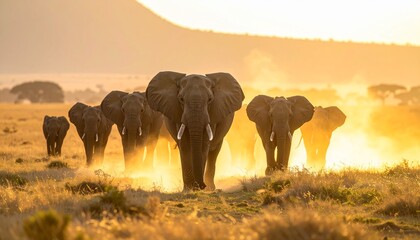 Fototapeta premium Elephants walk towards sunset in savannah grasslands with mountains