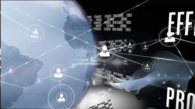 Animation of level up text over network of connections and letters on blue background