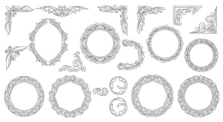 Obraz premium Ornate vintage decorative frames and borders, elegant flourishes and corner accents, calligraphic design elements for invitations and scrapbooking