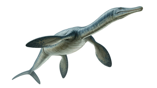 Detailed scientific illustration of an ichthyosaur swimming in water with fins and tail gray and blue colors isolated on transparent white background png