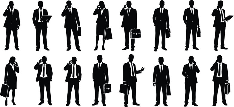 A group of businessmen in suits and ties are shown in various poses on a white background.