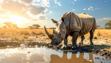 Fototapeta premium A rhinoceros drinks from a puddle in a savannah during sunset.
