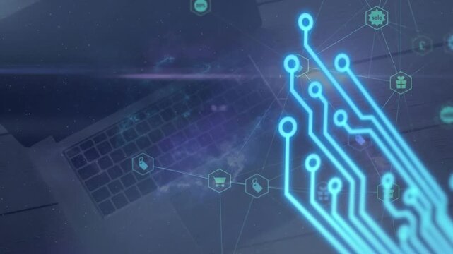 Animation of icons interconnecting with lines and circuit board pattern over laptop on table