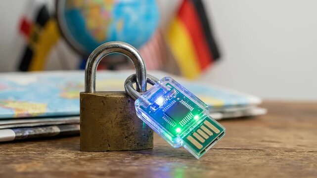 Usb padlock data security geopolitics ai semiconductor wars resource monopoly tension encryption passport travel map flag background