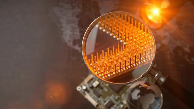 Technology magnifying glass ai semiconductor geopolitics wars resource monopoly circuit microchip gold pin cpu pin grid macro detail focus light