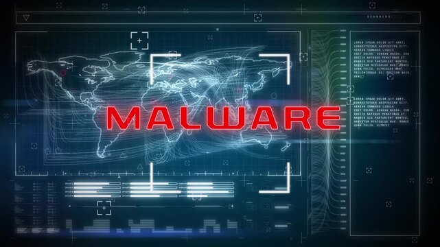 Animation of network of connections and digital interface and malware text over dark background
