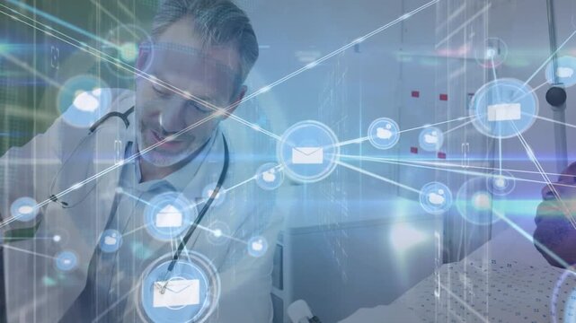 Doctor explains patient's x-ray results using a computer.