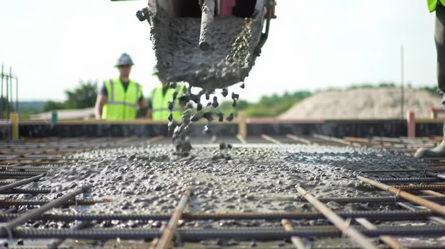 Professional construction workers in grey hard hats and bright safety vests observe a precise concrete pour into a pristine foundation slab on a modern, organized site bathed in soft daylight.