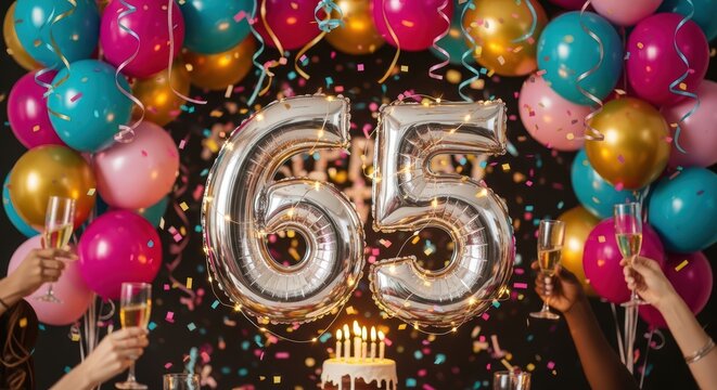Sixty Fifth Birthday Celebration with Silver Balloons Confetti and Champagne Toast