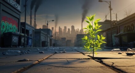 Obraz premium Small Green Plant Growing Through Cracked Pavement in Polluted Cityscape at Dusk