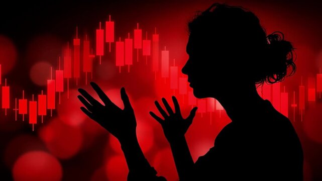 A person stands in profile, holding their head in despair. Behind them is a graphic showing red financial bars. The setting suggests a moment of crisis and distress in the market.