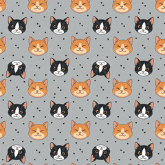 Fototapeta premium Seamless pattern of cute ginger and tuxedo cat faces with small hearts on gray background vector