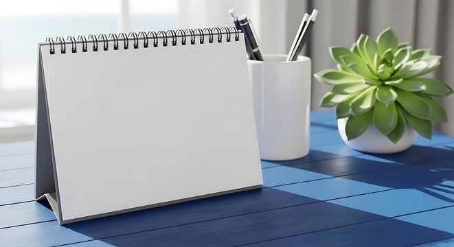 Blank desk calendar with spiral binding and pen holder on blue table with plant.