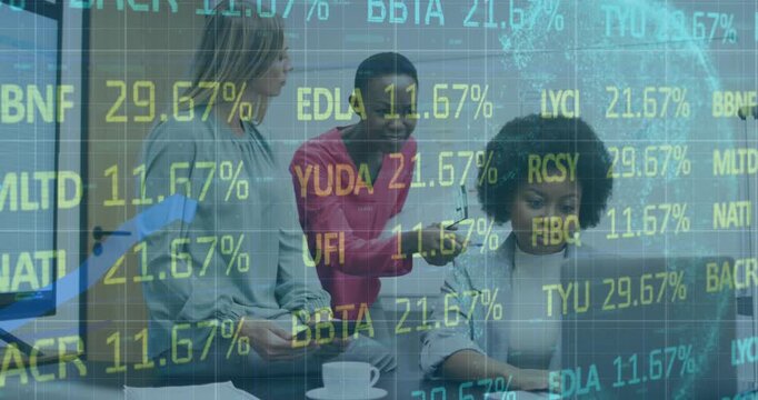 Three diverse businesswomen are discussing using a laptop and tablet in an office