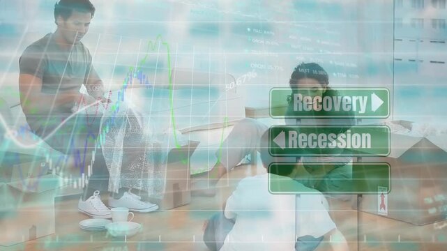 Animation of data processing over couple with son moving house