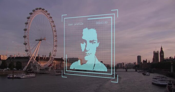 Animation of biometric photo and data processing over london cityscape