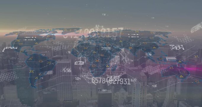 Global network visualizes digital finance and tech in a cityscape.