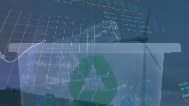Animation of financial data processing over wind turbine and recycling box