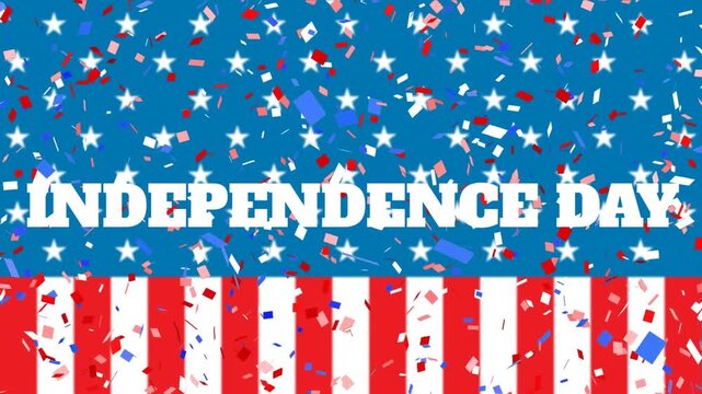 Animation of falling confetti over independence day text over american flag