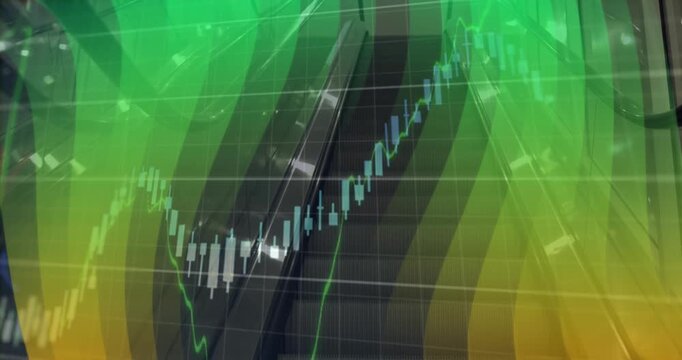 Animation of financial data processing and gradient shapes against escalator