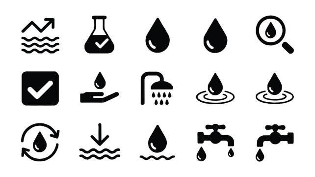 Black and white water drop icons on white background for conservation concepts