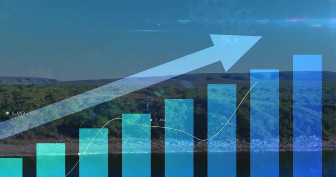 Animation of upward arrow and graphs processing data over sky and landscape