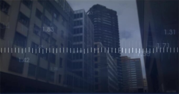 Animation of financial data processing over cityscape