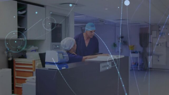 Medical data processing animation over healthcare professional in hospital corridor
