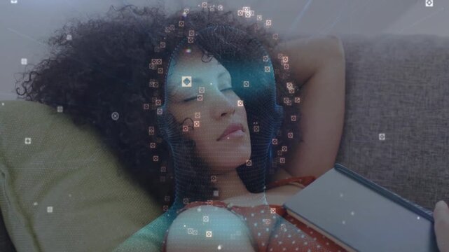 Adult woman resting on sofa cradling tablet, with biometric mesh and floating health data nodes