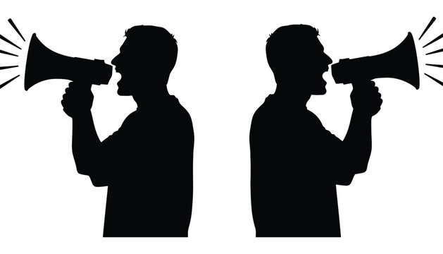 Two men silhouette shouting through megaphones in opposite directions loudly
