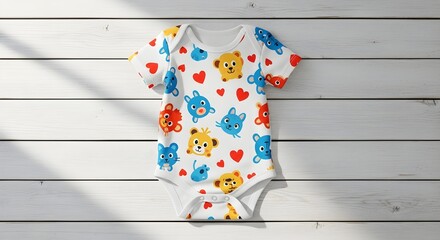 Obraz premium Adorable baby onesie with colorful teddy bear and heart pattern on white wooden background