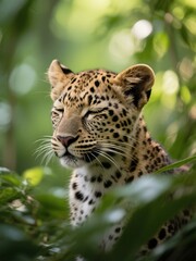 Fototapeta premium Peaceful Leopard Cub Resting in Green Forest