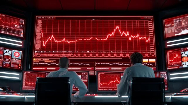Two analysts in a high-tech control room monitor screens showing falling market trends. The red graphics highlight significant drops and fluctuations impacting the financial sector.