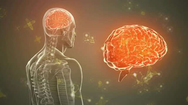 Brain glowing causing skeleton model rotating clockwise showcasing brain view with floating brain