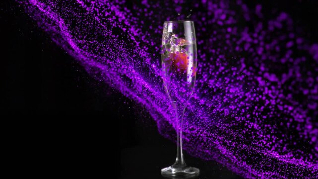 Strawberry descending in flute piercing liquid, bubbling purple specks sweeping glass to show flute