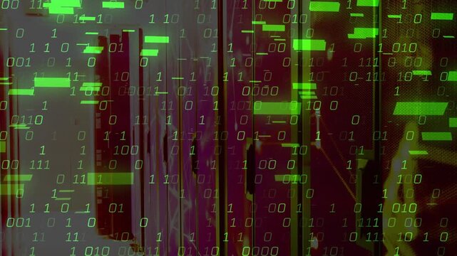 Binary digits materializing over rack servers and forming pulsing code overlay showing data flow