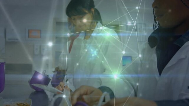 Network overlay settling in frame initiating lab work with scientists arranging vials noting data