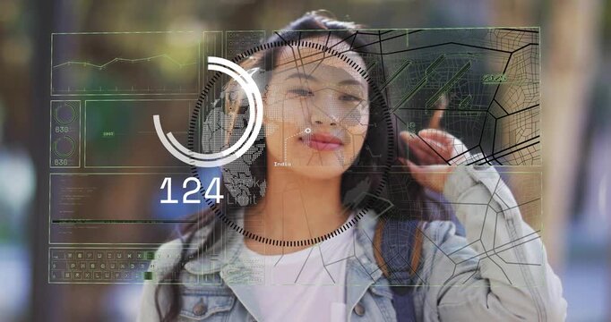 Tech user walking while AR UI fading in showing map pulsing gauge tracking live data
