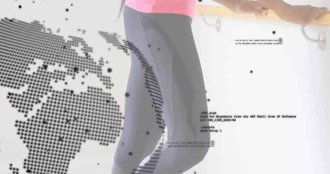 Digital globe fading, instructor gripping barre, preparing for barre exercise amid floating code