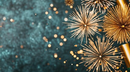 Fototapeta premium Festive golden fireworks burst against a sparkling blue background, creating a celebration atmosphere with shimmering lights and glitter.