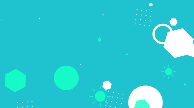 Abstract colorful hipster memphis style animation with teal geometric shapes and patterns