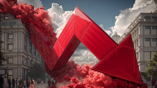 People walk in a city street where a big red arrow symbolizes a crisis. Clouds fill the sky as the season changes to fall. The atmosphere is tense with uncertainty among the crowd.