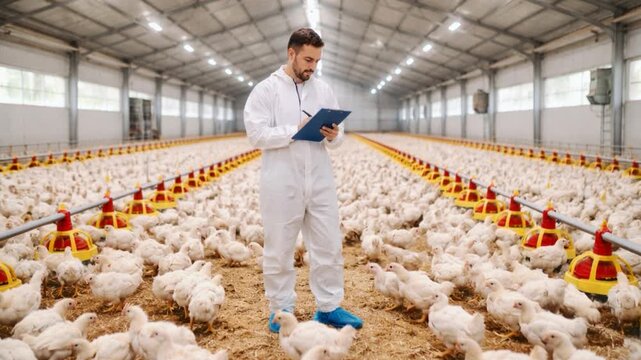A poultry farm worker in protective gear meticulously records data on a clipboard amidst rows of chickens. 

