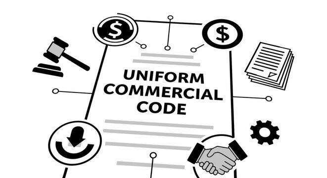Uniform Commercial Code (UCC) legal concept illustration. Vector design featuring a contract document surrounded by icons of a gavel, money symbol, handshake, and gear, representing business.