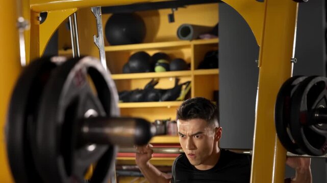 Professional muscular sportsman performing snatching heavy barbell squat, exercising lifting weights, sweating profusely, showing power, strength, determination in training biceps.