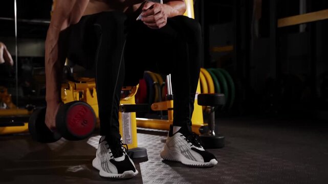 Strong muscular man physical athlete with six pack of abs, training lifting dumbbells during an biceps exercise class in a gym, industrial-style weight room, physical athlete exercising with dumbbell