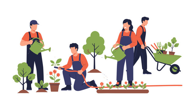 Gardening teamwork scene: A group of individuals is seen working collaboratively in a garden, with tasks like watering plants, planting, and tending to the garden.